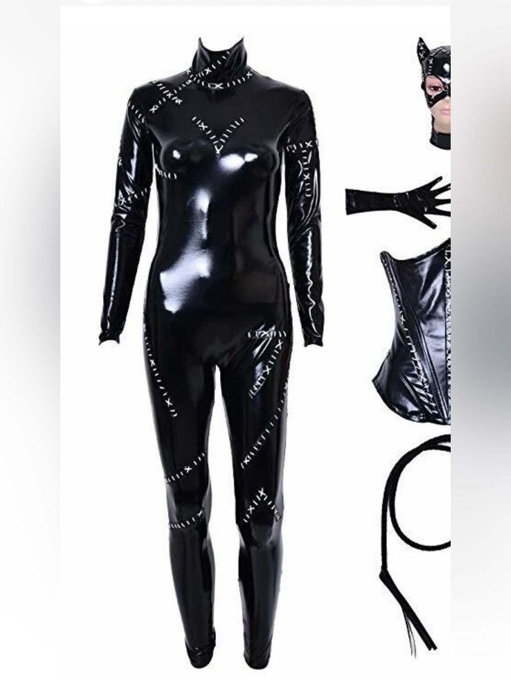 Shiny Black PVC Catsuit Costume with Decorative Stitch Detailing Size Medium